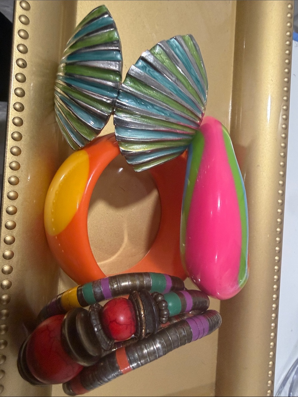 Colorful Multicolor Resin and Metal Statement Bracelet Set